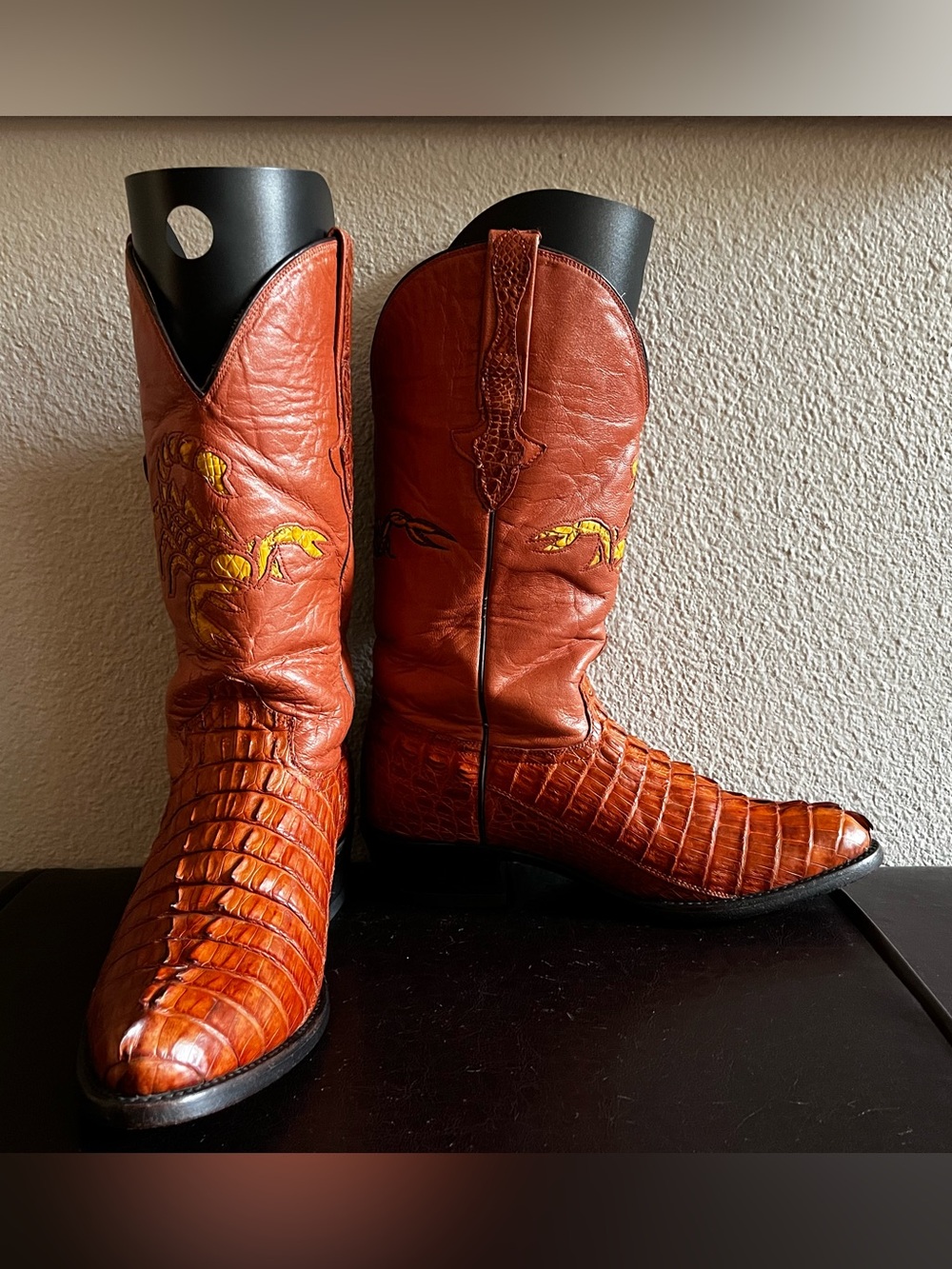 Exotic Caiman Brown Cowboy Boots with Scorpion Embroidered